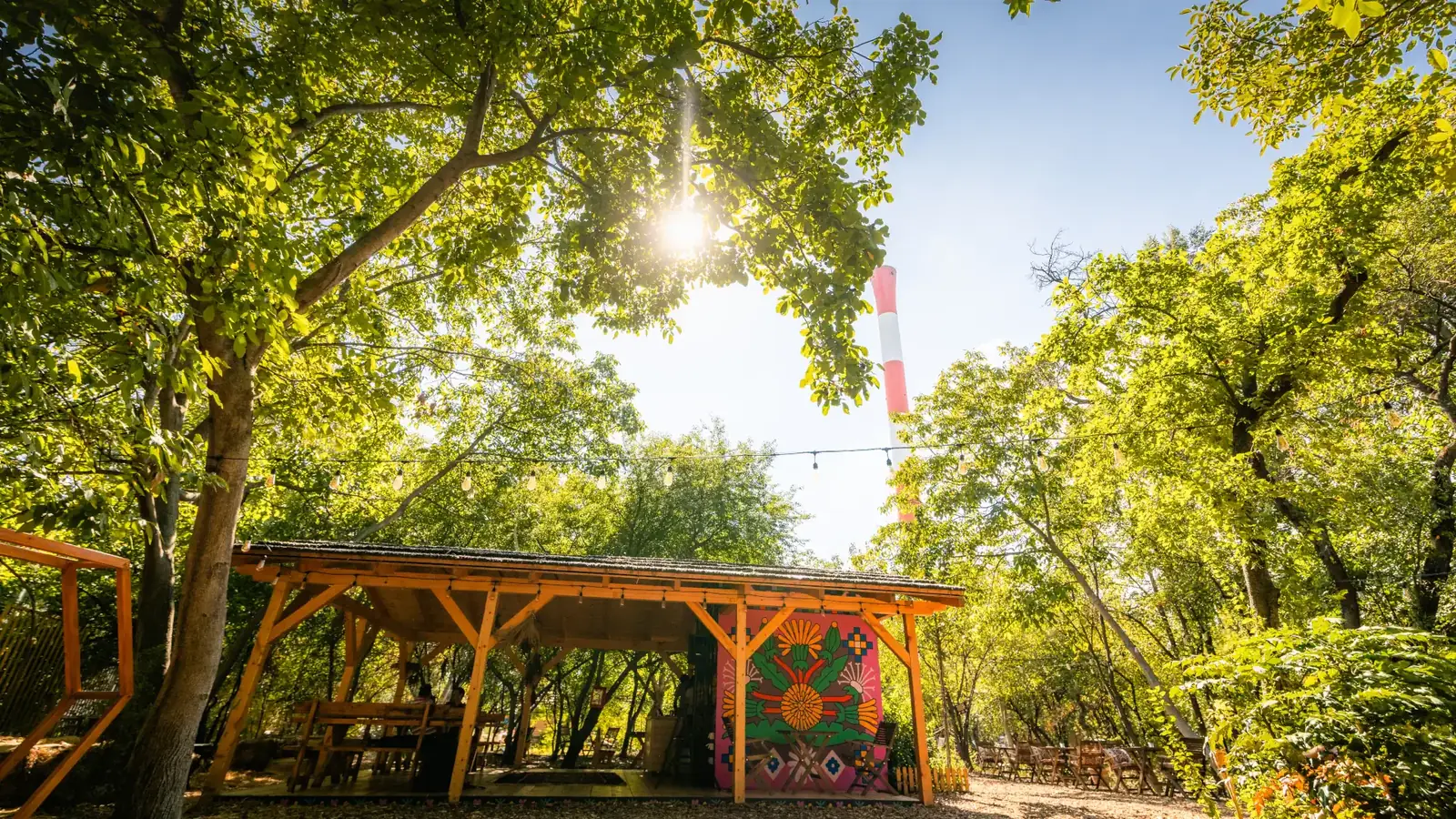 Pogled uvis kroz krošnje Medonosnog vrta, sijalice na žici i crveno-beli dimnjak silosa iza drveća.